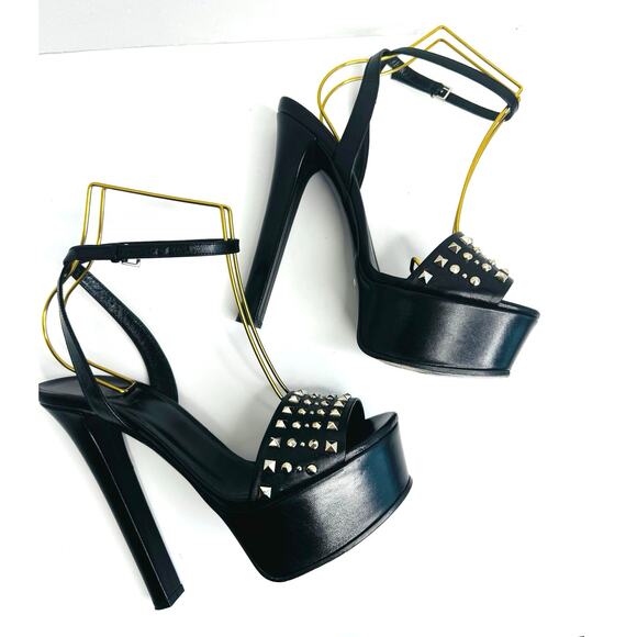 Gucci Black Studded Leila Platform Ankle Strap Heels size EU 38.5 Statement Pump - Picture 1 of 10